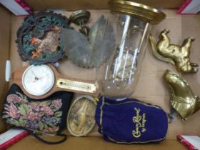 A mixed collection of items to include A brass Nutcracker in dog form, brass Anniversary Clock,