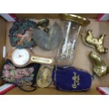 A mixed collection of items to include A brass Nutcracker in dog form, brass Anniversary Clock,