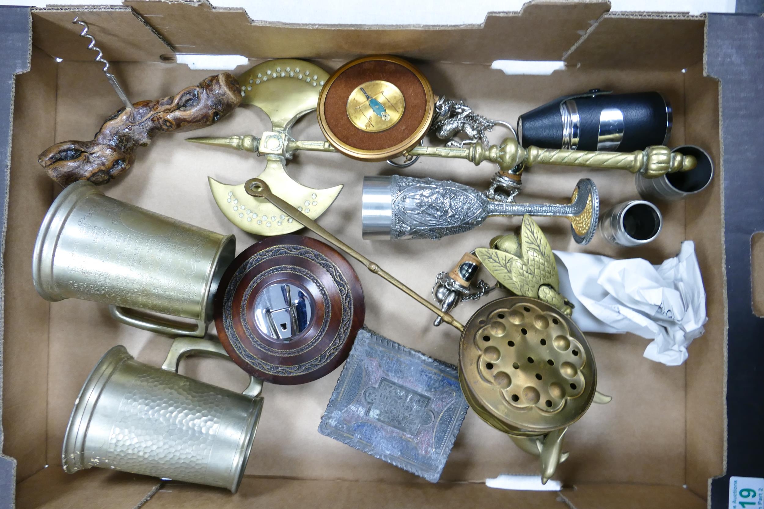 A Mixed Collection of Metalware to include decoration poleaxe, Chestnut Warmer, Trinket Box, Gnarled