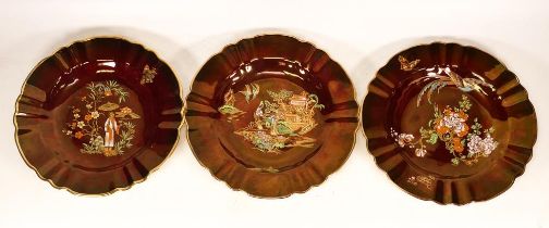 Three Carltonware Rouge Royale Fluted Plates in the Mikado, Bird of Paradise and Geisha Patterns.
