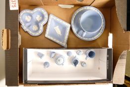 A collection of Wedgwood Blue Jasperware including Cup & Saucer Set, Pin Trays , Miniatures &