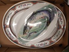 Very large Victorian 'Chinese Key' pattern oval serving platter together with an unmarked serving