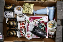 A collection of items including Commemorative tankards, Boxed Royal Albert Christmas Plate etc