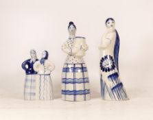 Gzhel USSR made Pottery Figures of Decorative Lady Figures, tallest 21cm(3)