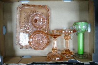 Art deco Pink Pressed Glass Dressing Table set & Green Lustre Vase with Glass Droppers