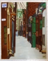 Large Tubelined Plaque depicting a Vibrant European Street Scene. Height: 35.2cm Width: 27.8cm