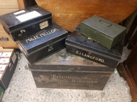 A collection of vintage Deed Tins, largest 61 x 34 x 36cm (5)