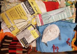 A collection of vintage textiles together with sewing accessories and a boxed set of Singer