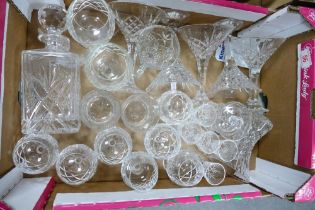 A collection of Cut Glass items including Sundae Glasses, decanters, tumblers, brandy glasses etc