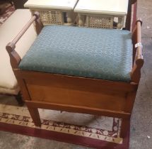 Oak upholstered piano stool with storage below