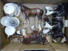 A mixed collection of ceramic items to include a Melba type shire horse in harness, Beswick brown