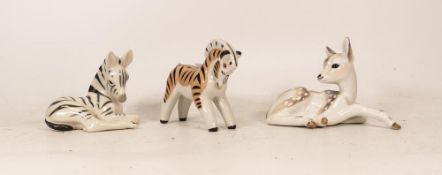 Three Soviet Era Made in USSR Pottery figures including Zebra's & Fawns, tallest 8.5cm(3)