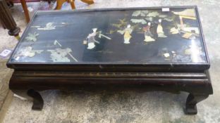 Vintage chinese laquered coffee table with glass top over 3D Oriental scene 103cm W x 53cm D x