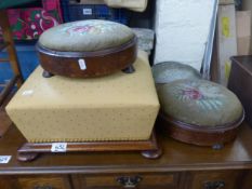 Early 20th century mahogany foot stool together with 2 victorian needlepoint examples