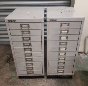 Two sets of Bisley branded metal drawers.