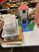 Vintage hexagonal two story Dolls tower/house from the Dolls House Emporium together with 2 boxes of