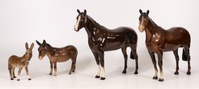 Two Beswick Thoroughbred Stallion together with Donkey and Donkey foal (4)