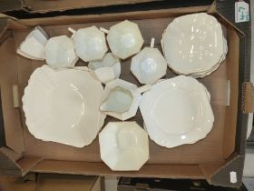 Shelley China all white with gilt tea set to include 6 tea cups, 6 saucers, 6 side plates, cake