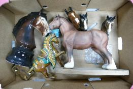 A collection of pottery Horse related items to include large horses head chess piece figure, Horse
