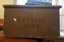 Painted 19th Century Wooden Letter Box, with painted script & date to front, 53.5cm x 34cm x 29cm