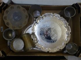 A mixed collection of metal-ware to include pewter and silver plated items (1 tray).