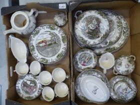 A large collection of Johnson Bros The Friendly Village pattern tea and dinnerware items (2 trays).