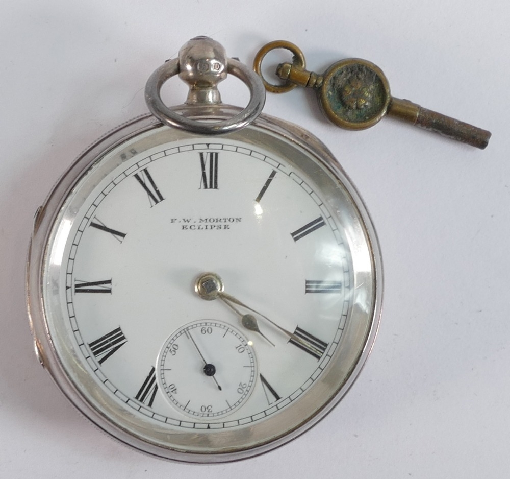 Large hallmarked silver English lever ECLIPSE key wind pocket watch, glass loose. Gross weight 126g,