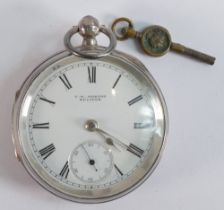 Large hallmarked silver English lever ECLIPSE key wind pocket watch, glass loose. Gross weight 126g,