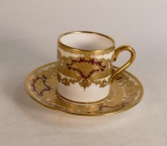 De Lamerie Fine Bone China heavily gilded Burgundy Majestic Pattern Coffee Can & Saucer, specially