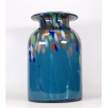 Large Murano Type Teal Glass Vase. Decorated with mottled colours and gold irridescent streaks.