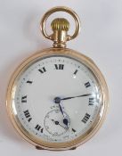 DENCO open faced gents 10ct gold plated keyless gents pocket watch, 52mm wide. Winds, ticks,