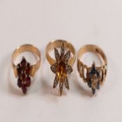 Three ladies 9ct gold stone set dress rings, 5.7g. (3)