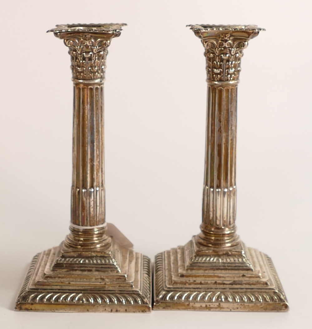 Pair of corinthian column hallmarked silver candlesticks, loaded. Height 21cm, hallmarks for - Image 2 of 2