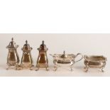Five hallmarked silver cruet items, gross weight of silver 196g, excluding liners