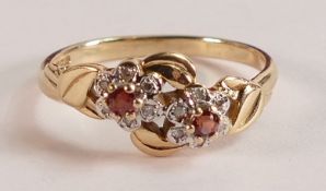 14ct gold diamond & garnet ring, size R, 3g.