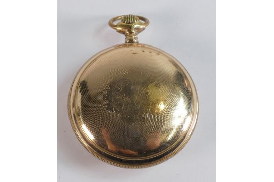 Illinois gold plated gents keyless pocket watch, 55mm wide. Winds, ticks, sets & runs. - Image 2 of 2