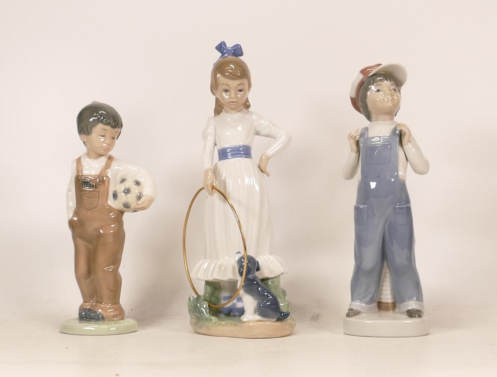 Two Nao Pottery figures including Girl with Hoop, Boy with Football & Lladro figure of Boy in Braces