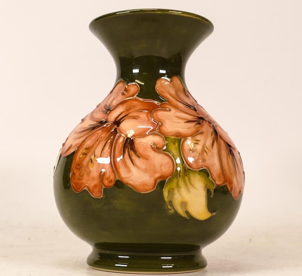 Moorcroft Squat Flared Vase in the Hibiscus Pattern on Green Ground. Height: 13cm