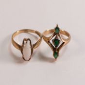 9ct gold ladies rings, one set with opal and the other with three green stones, 3.1g. (2)