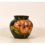 Moorcroft Squat Vase in the Hibiscus Pattern on Green Ground. Height: 7.5cm