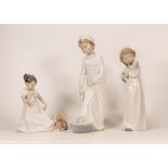 Three Nao Pottery Figures Girl in Pyjamas with Doll, Girl with Puppy 1434 & Girl in nightgown