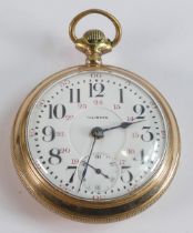 Illinois gold plated gents keyless pocket watch, 55mm wide. Winds, ticks, sets & runs.