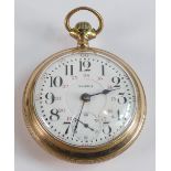 Illinois gold plated gents keyless pocket watch, 55mm wide. Winds, ticks, sets & runs.