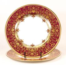 De Lamerie Fine Bone China heavily gilded Burgundy Aphrodite patterned Plates, specially made high