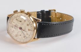 18ct gold gentleman's Egona chronographe Suisse wristwatch, c1960s with black leather strap,d.4cm.