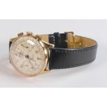 18ct gold gentleman's Egona chronographe Suisse wristwatch, c1960s with black leather strap,d.4cm.