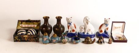 Interesting small collection includes Staffordshire pair of dogs & single, 9 x cloisonne vases &