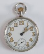 Sterling silver military style pocket watch, 47m wide. Winds, ticks, sets & runs.