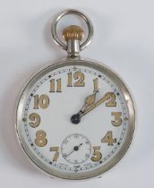 Sterling silver military style pocket watch, 47m wide. Winds, ticks, sets & runs.