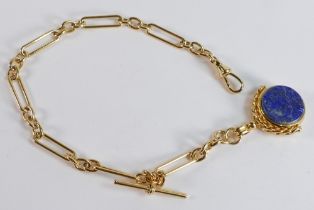 Modern gold plated trombone link watch chain & hardstone fob.